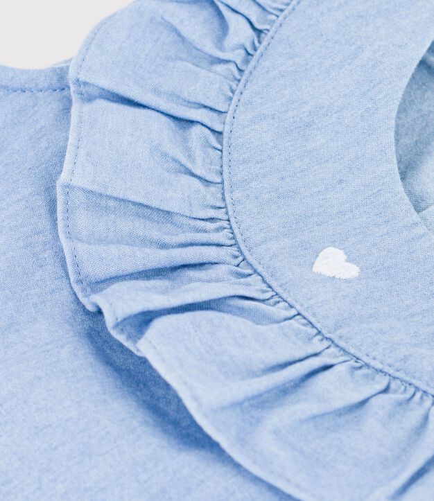 Blusa sin mangas de algod&oacute;n chambray bordado para beb&eacute; azul