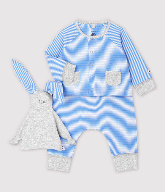 Conjunto de 3 prendas azules de bebé de algodón ecológico azul EDNA/blanco MARSHMALLOW