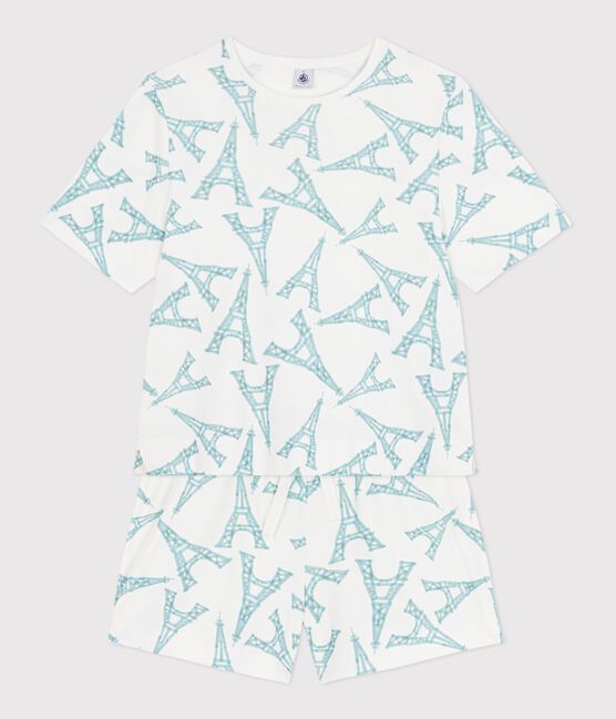 Pijama corto de algodón con estampado de torre Eiffel para mujer blanco MARSHMALLOW/blanco MULTICO