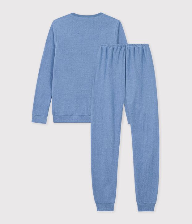 Pijama infantil liso de rizo de algod&oacute;n azul