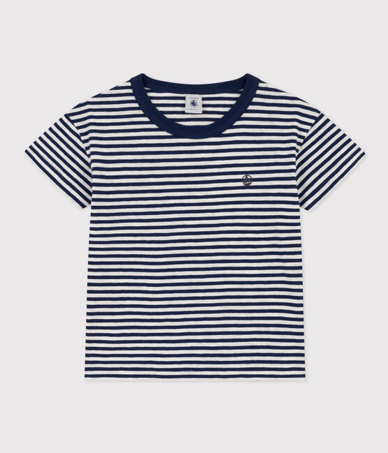Camiseta de algodón a rayas para niño azul MEDIEVAL/blanco MARSHMALLOW