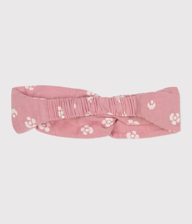Diadema infantil en gasa de algod&oacute;n con estampado de flores rosa/blanco