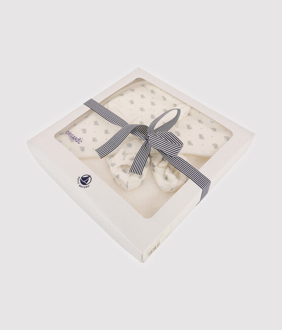 Estuche con toalla cuadrada de baño y patucos de bebé de rizo y algodón orgánico blanco MARSHMALLOW/gris GRIS/ MULTICO