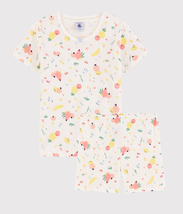Pijama corto snugfit con estampado de frutas de verano de algod&oacute;n ecol&oacute;gico de ni&ntilde;a blanco/multicolor