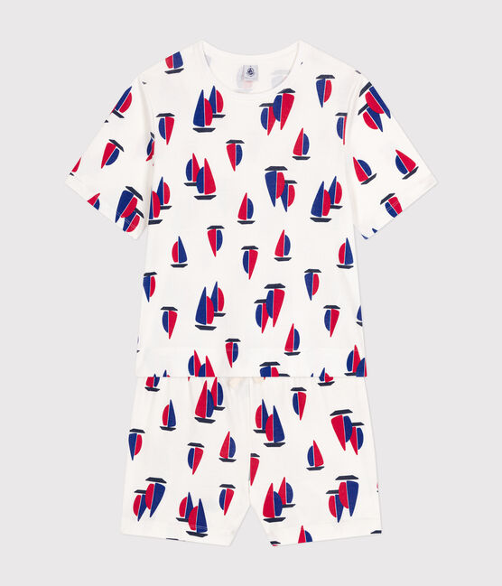 Pijama con pantalón corto y camiseta de algodón con motivo de barcos para mujer blanco MARSHMALLOW/blanco MULTICO