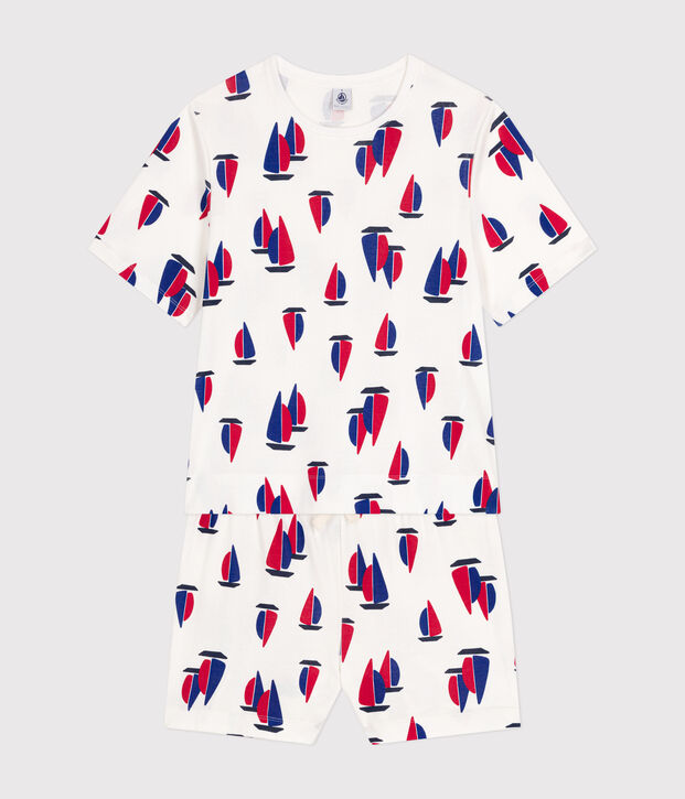 Pijama con pantal&oacute;n corto y camiseta de algod&oacute;n con motivo de barcos para mujer blanco/multicolor