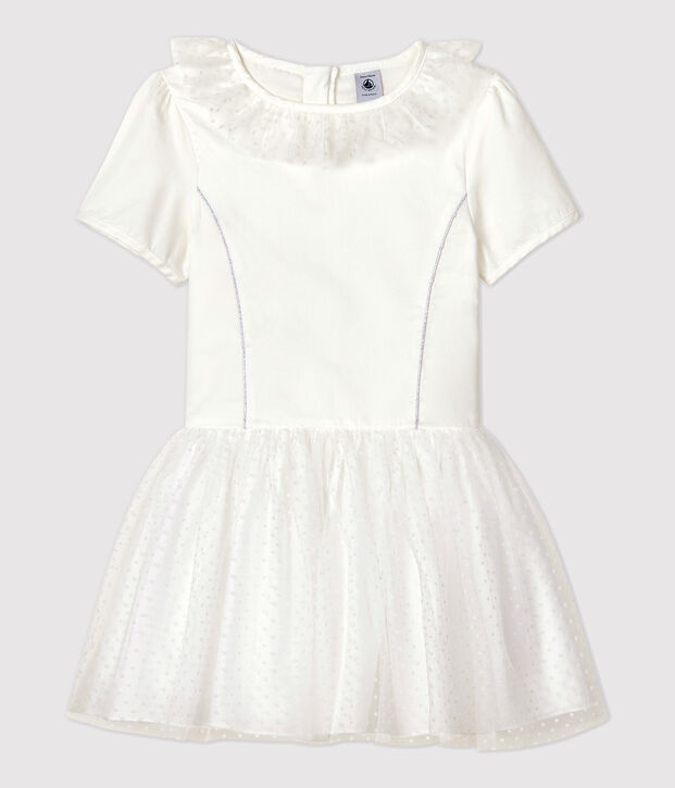Vestido de celebraci&oacute;n de sat&eacute;n y tul de ni&ntilde;a blanco