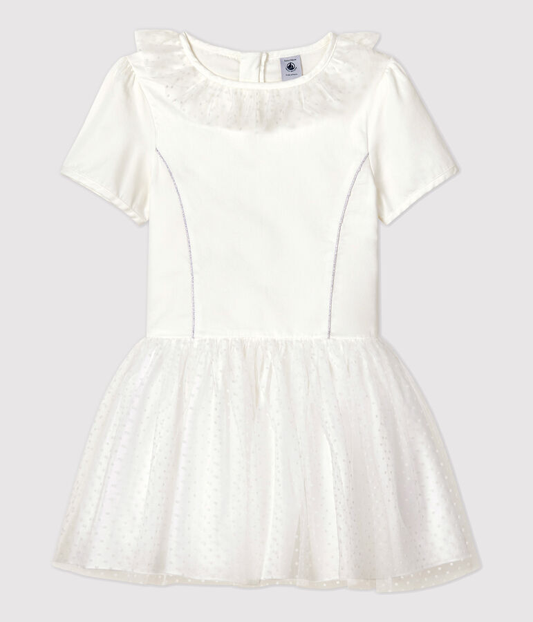 Vestido de celebraci&oacute;n de sat&eacute;n y tul de ni&ntilde;a blanco