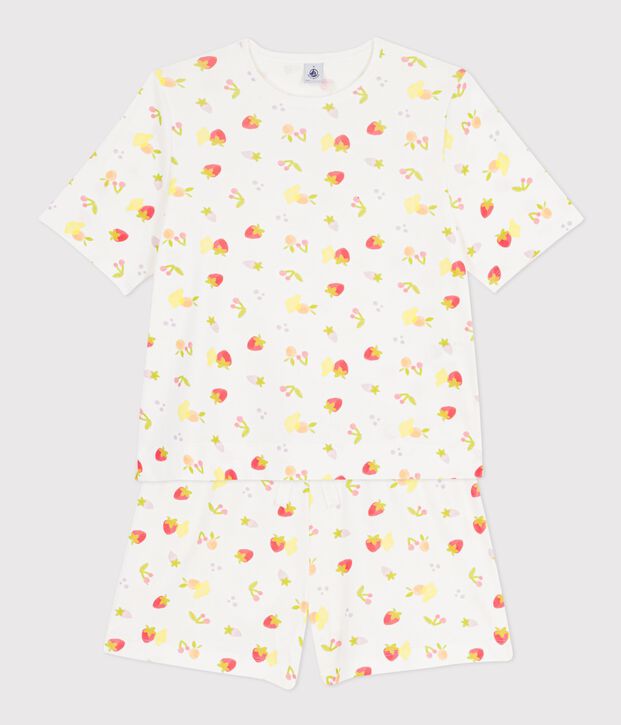 Pijama de manga corta para mujer en algod&oacute;n con estampado de frutas blanco/multicolor