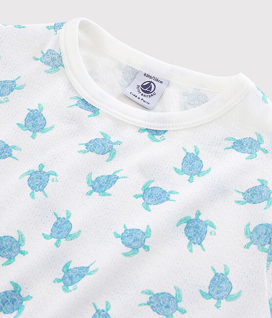 Pijama corto con estampado de tortugas de algodón ultra-ligero de niño/niña blanco MARSHMALLOW/blanco MULTICO