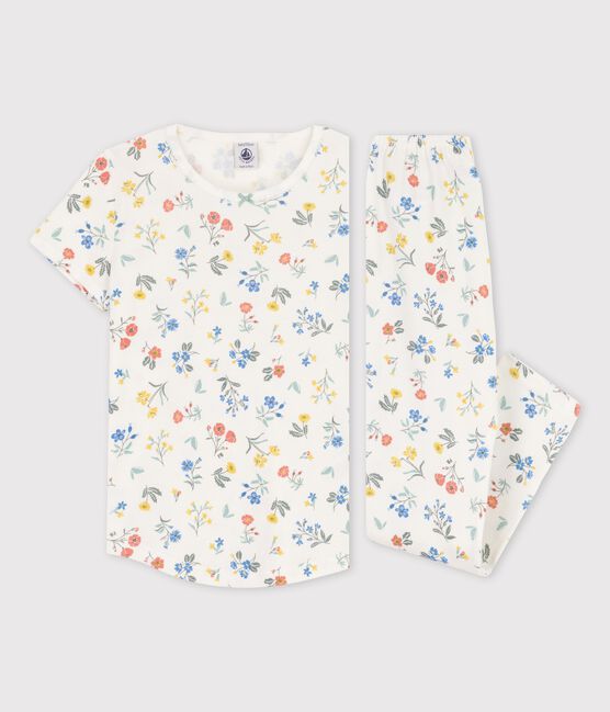 Pijama de manga corta de flores de algodón de niña blanco MARSHMALLOW/blanco MULTICO