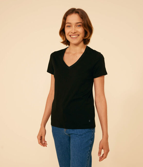 Camiseta LA RECTA de algodón con cuello de pico para mujer azul SMOKING