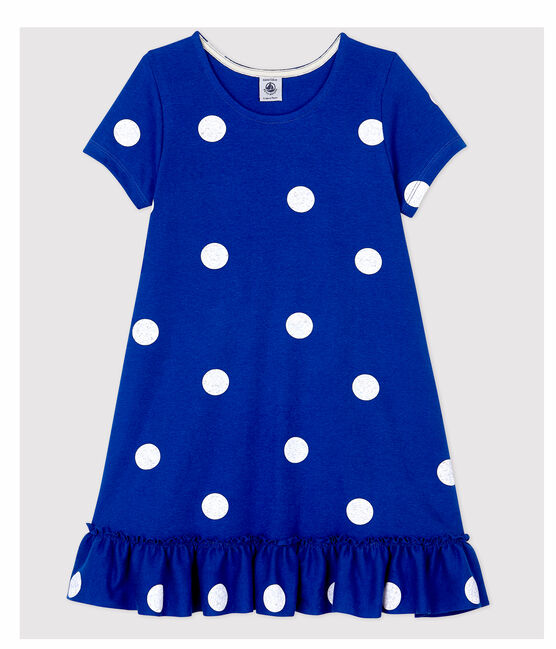 Vestido de manga corta de algodón y lino de niña azul SURF/blanco MARSHMALLOW