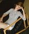 T-shirt femme manches longues en côte originale beige COQUILLE/azul SMOKING