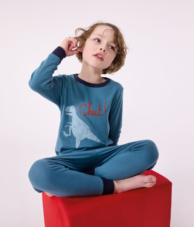 Pijama infantil de manga larga de algod&oacute;n dinosaurio verde