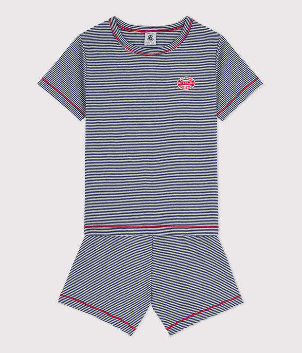 Pijama corto de algod&oacute;n milrayas para ni&ntilde;o azul/blanco