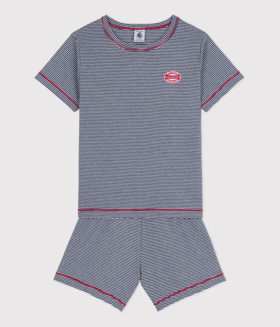 Pijama corto de algodón milrayas para niño azul MEDIEVAL/blanco MARSHMALLOW