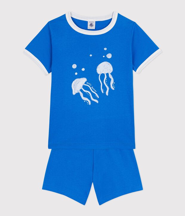 Pijama infantil corto de algod&oacute;n con estampado de medusa azul