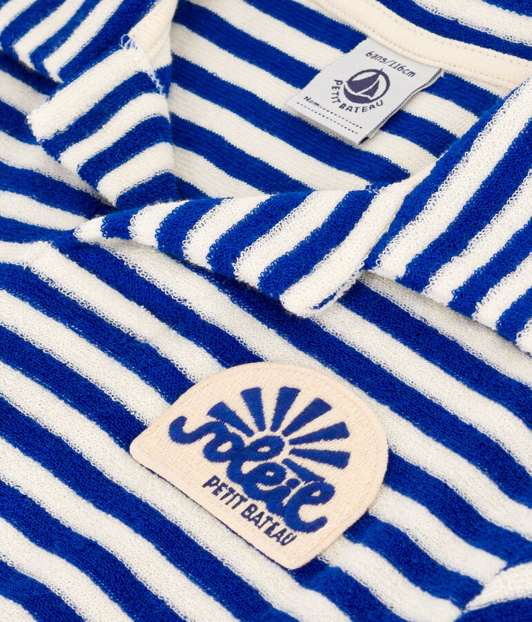 Polo de manga corta de rizo para ni&ntilde;o azul/crudo