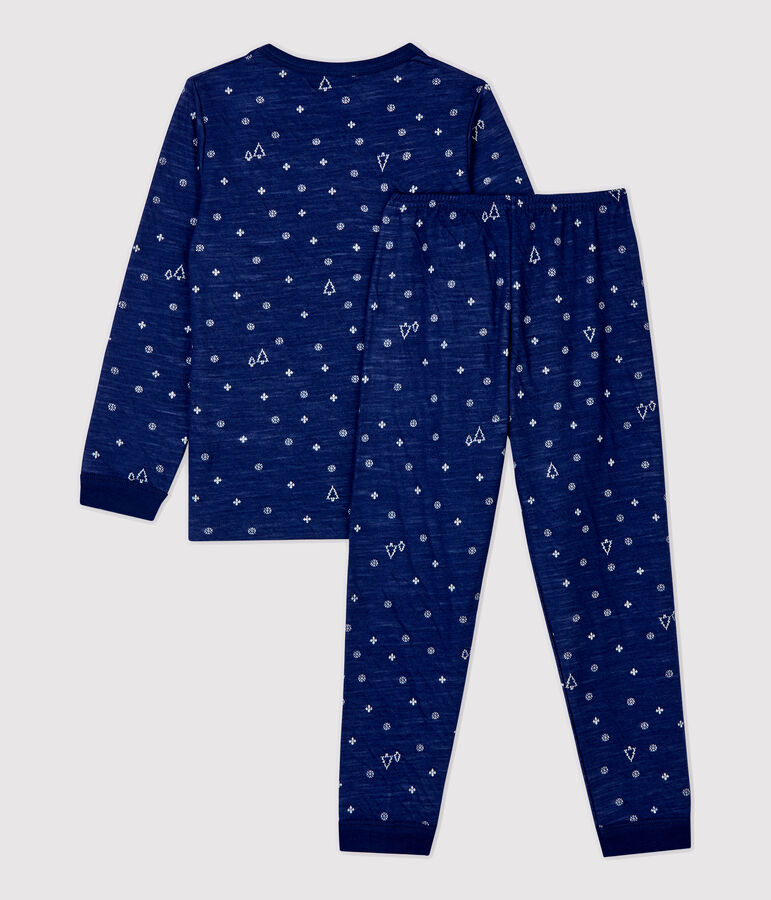 Pijama de Jacquard con copos de ni&ntilde;a/ni&ntilde;o de lana y algod&oacute;n azul/blanco