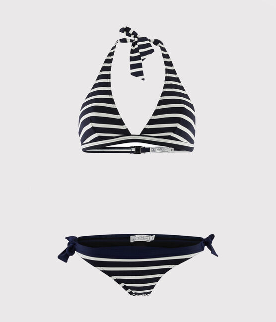 Traje de baño de 2 piezas de rayas de mujer azul SMOKING/blanco MARSHMALLOW