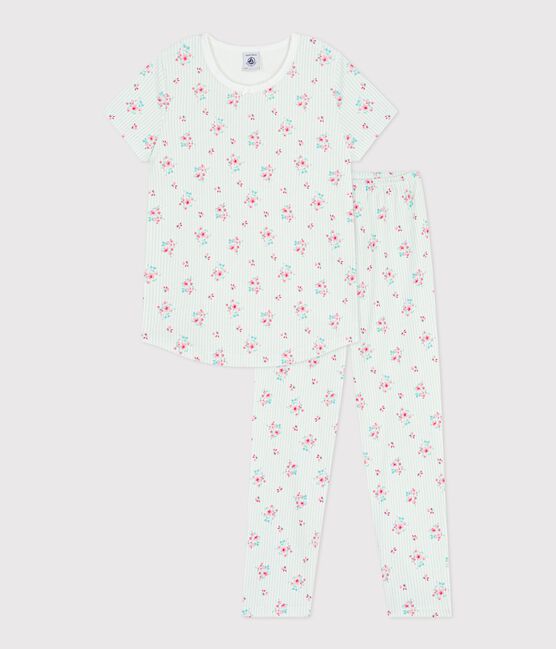 Pijama infantil de algodón de manga corta y pierna larga con flores blanco MARSHMALLOW/blanco MULTICO