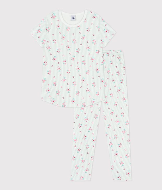 Pijama infantil de algod&oacute;n de manga corta y pierna larga con flores blanco/multicolor
