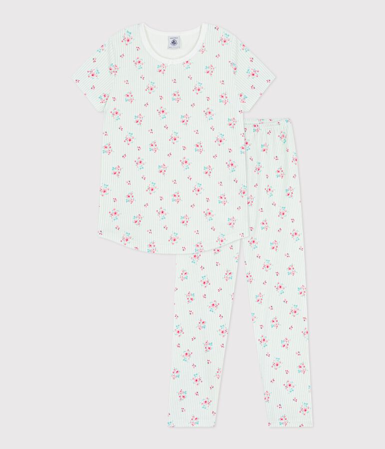 Pijama infantil de algod&oacute;n de manga corta y pierna larga con flores blanco/multicolor