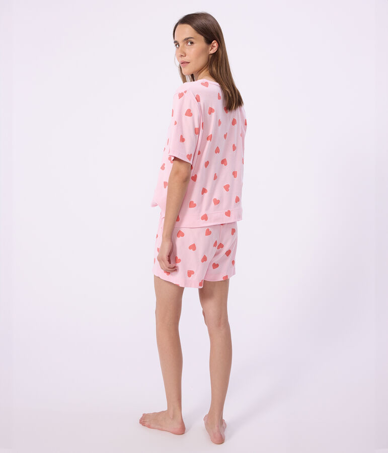 Pijama corto de algod&oacute;n con estampado de corazones para mujer rosa/naranja