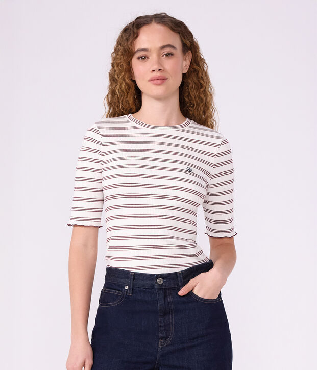 Camiseta de algod&oacute;n de manga corta a rayas para mujer blanco/rojo