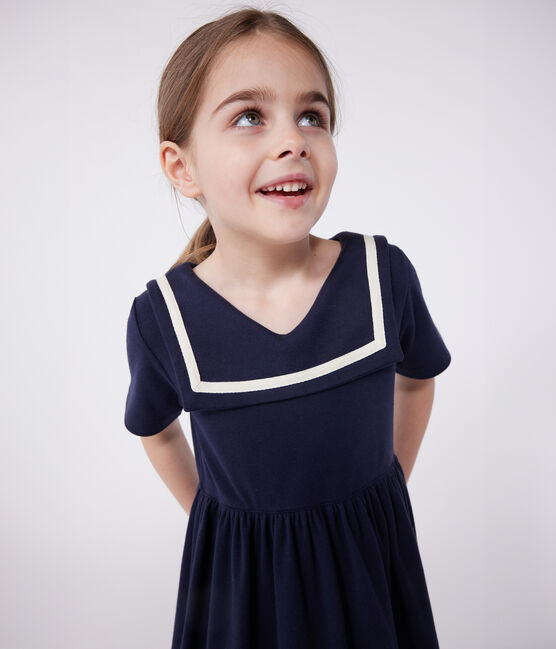 Vestido infantil liso de algodón de manga corta azul SMOKING