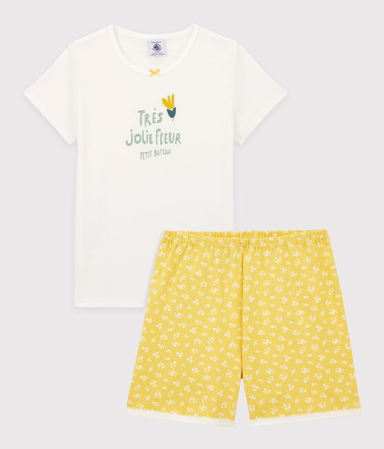 Pijama corto de algodón con flores para niña blanco MARSHMALLOW/ ORGE