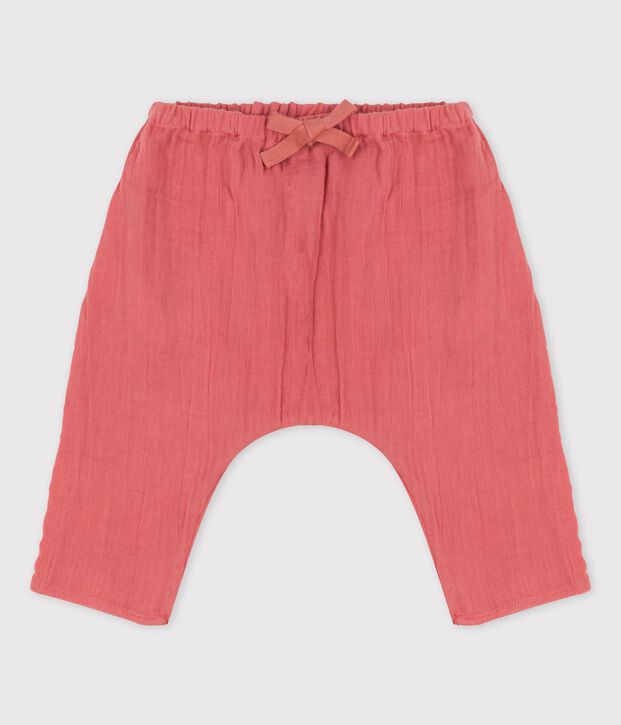 Pantal&oacute;n de estilo sarag&uuml;elles liso de gasa de algod&oacute;n ecol&oacute;gico para beb&eacute; rosa