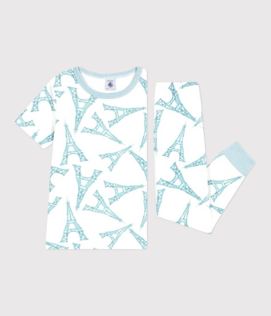 Pijama infantil de algodón de manga corta y pierna larga Torre Eiffel blanco MARSHMALLOW/blanco MULTICO