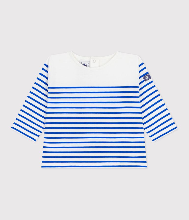 Camiseta marinera de algod&oacute;n de manga larga para beb&eacute; blanco MARSHMALLOW/azul PERSE