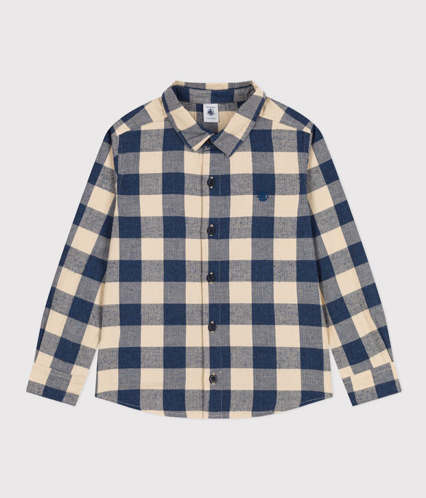 Camisa a cuadros de franela de algod&oacute;n de ni&ntilde;o azul/crudo