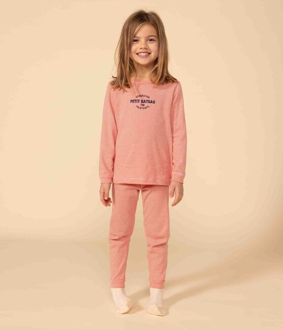 Pijama de algodón a rayas para niño/niña naranja OURSIN/blanco MARSHMALLOW