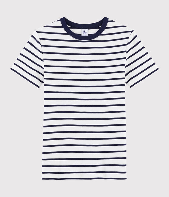 Camiseta de cuello redondo emblemática de algodón a rayas de mujer blanco MARSHMALLOW/azul SMOKING