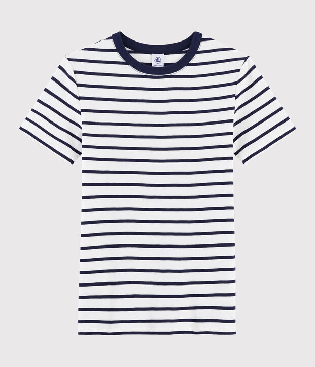 Camiseta de cuello redondo emblem&aacute;tica de algod&oacute;n a rayas de mujer blanco/azul