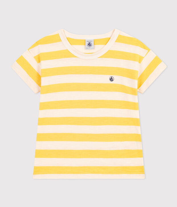 Camiseta a rayas de punto flameado para ni&ntilde;o amarillo/crudo