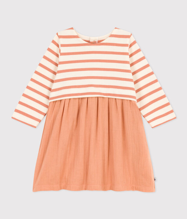 Vestido de dos materiales de manga larga de beb&eacute; rosa/crudo