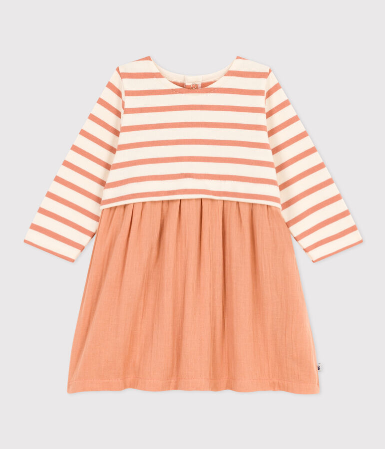 Vestido de dos materiales de manga larga de beb&eacute; rosa/crudo