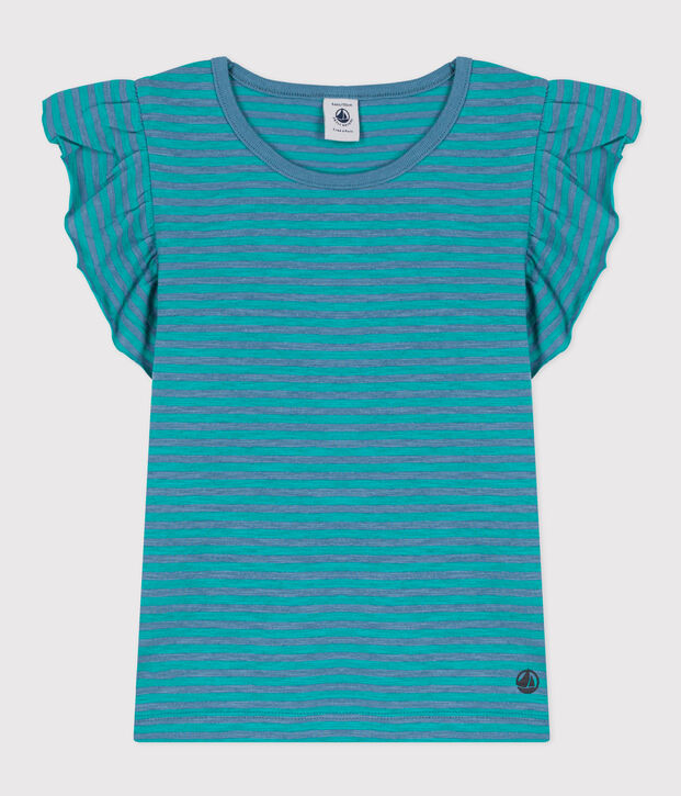 Camiseta de algod&oacute;n a rayas para ni&ntilde;a azul/verde