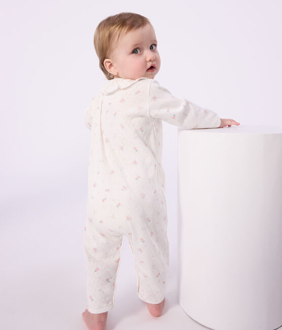 Pijama sin pies de algodón calado con cuello estampado de flores para bebé blanco MARSHMALLOW/blanco MULTICO