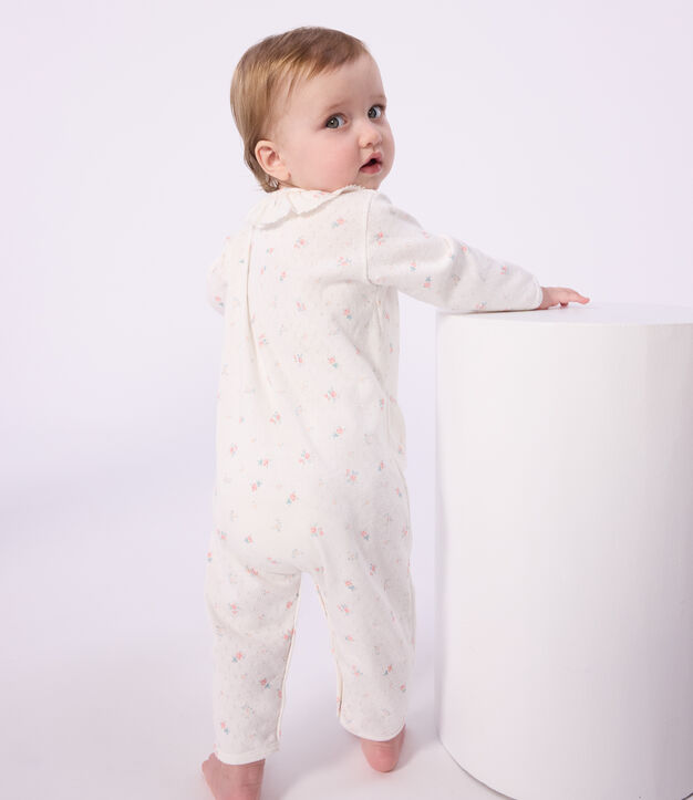 Pijama sin pies de algod&oacute;n calado con cuello estampado de flores para beb&eacute; blanco/multicolor