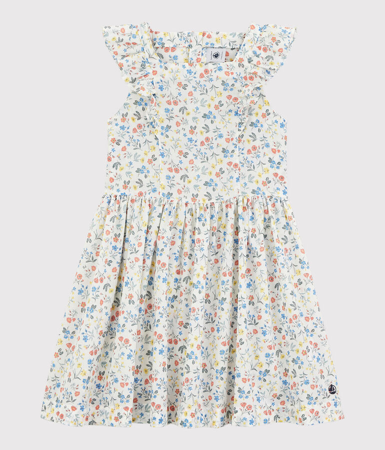 Vestido de manga corta de popelina de ni&ntilde;a blanco/multicolor