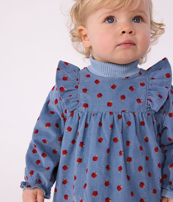 Vestido de pana de manga larga con estampado de manzanas para bebé azul ADRIATIC/ MULTICO