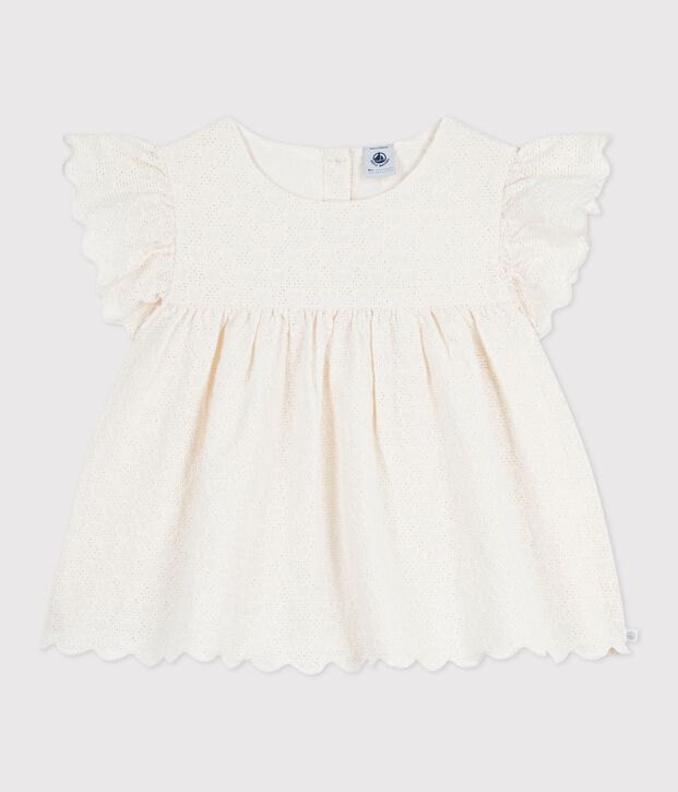 Blusa infantil de manga corta de algod&oacute;n con estampado de corazones blanco