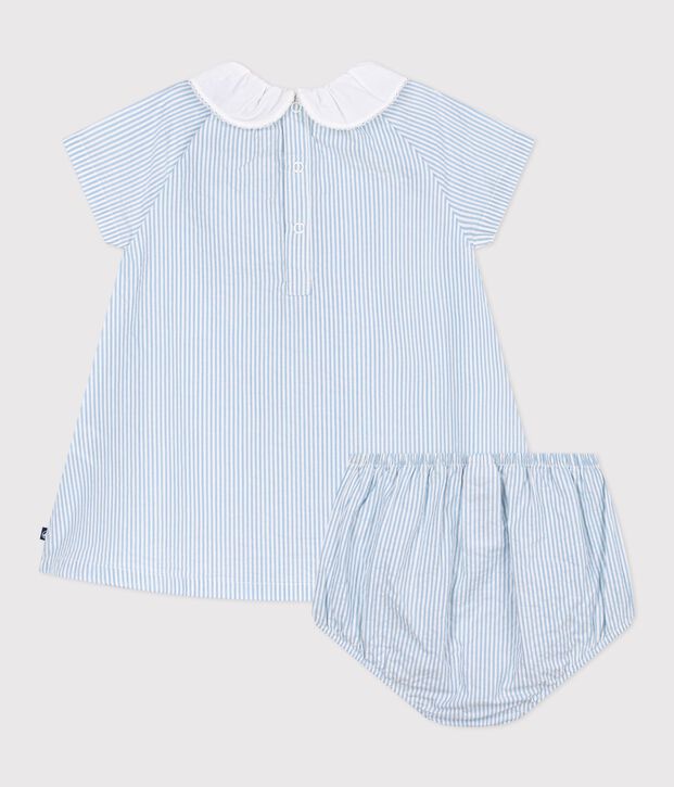 Vestido de algod&oacute;n de manga corta y pololo a rayas para beb&eacute; azul/azul