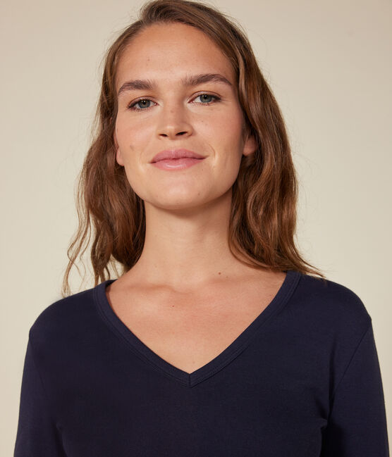 Camiseta Iconique de manga larga de algodón liso para mujer con cuello en V azul SMOKING